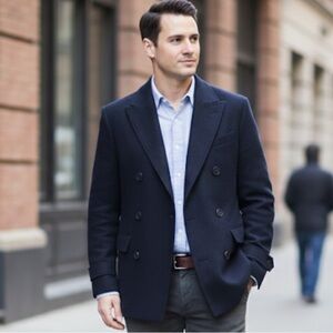 Frank & Oak The Comfort Double Breasted Wool Topcoat Blazer in navy Small